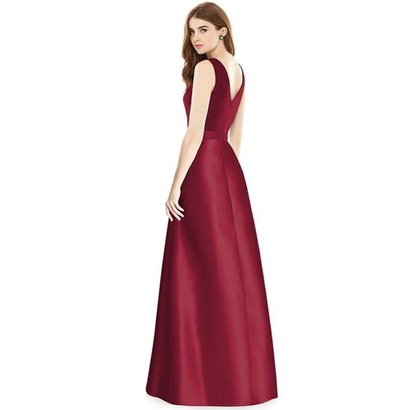 Alfred Sung V-Neck Belted Evening Gown Burgundy